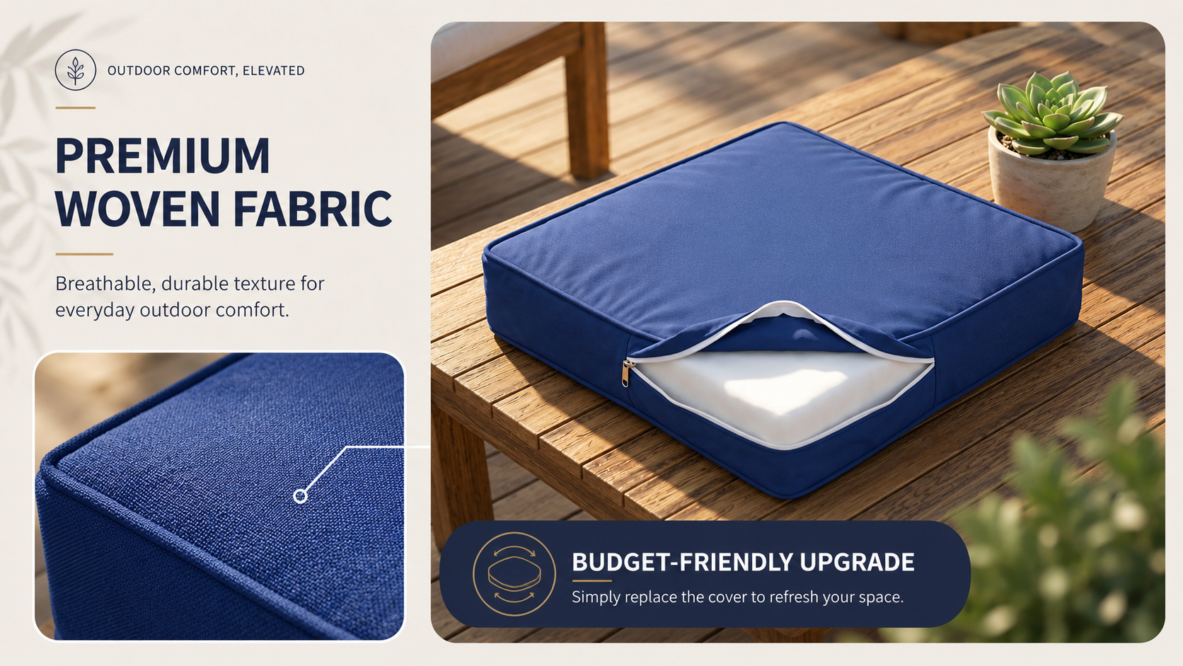Premium woven fabric outdoor cushions with durable texture for patio furniture and comfortable outdoor seating