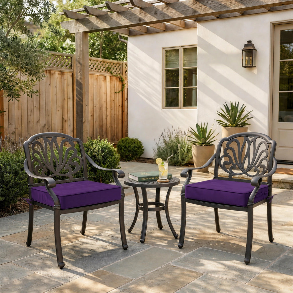 purple outdoor seat cushions for patio chairs and outdoor furniture.