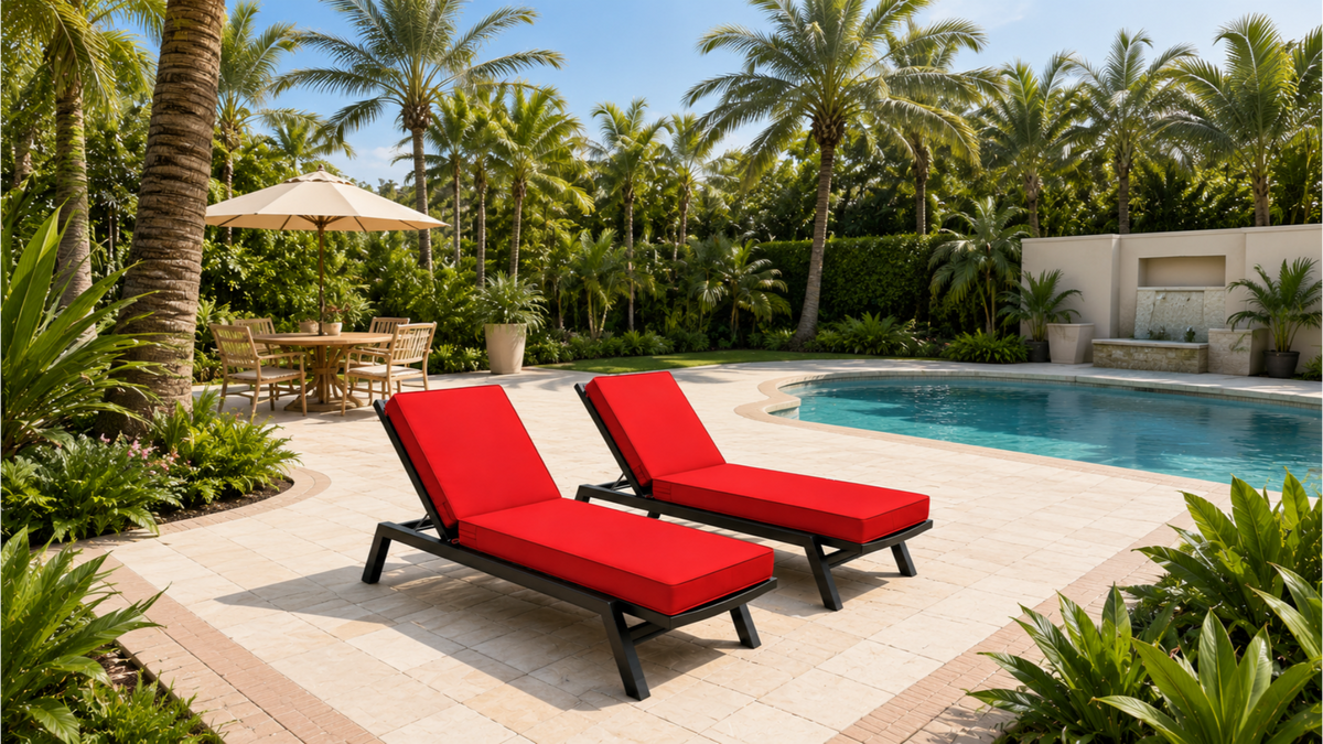 Red outdoor chaise lounge cushions on two poolside loungers in a tropical patio setting.