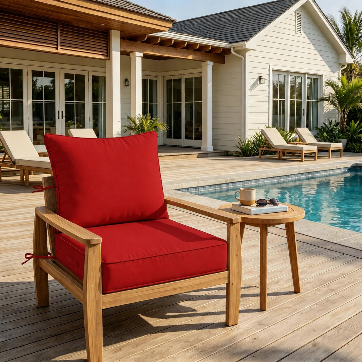 Red outdoor deep seat cushion on patio chair with poolside outdoor furniture setting.