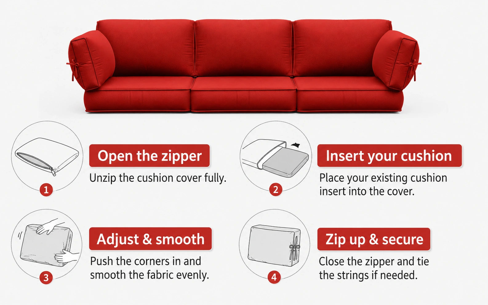 Four-step guide showing how to install a red sofa cushion cover: open the zipper, insert the cushion, adjust and smooth the fabric, then zip up and secure the ties.