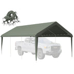 Sage green heavy duty carport cover with waterproof canopy tarp fabric for outdoor vehicle and equipment protection.