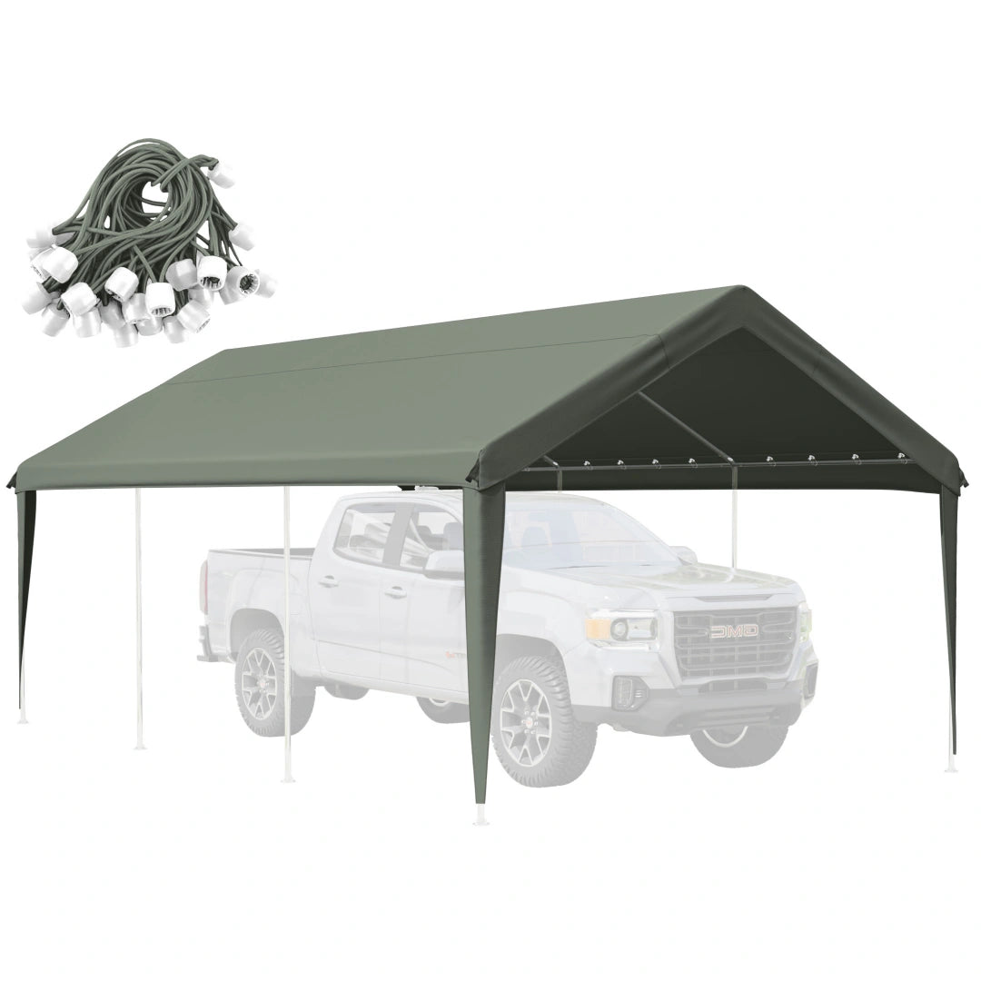 Sage green heavy duty carport cover with waterproof canopy tarp fabric for outdoor vehicle and equipment protection.