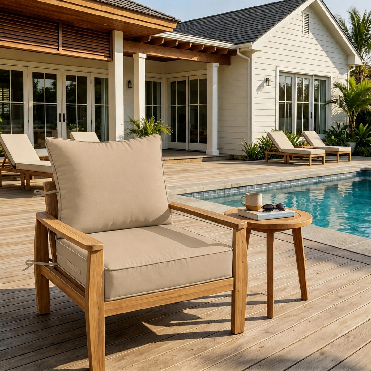 Sand outdoor deep seat cushion on patio chair with poolside outdoor furniture setting.