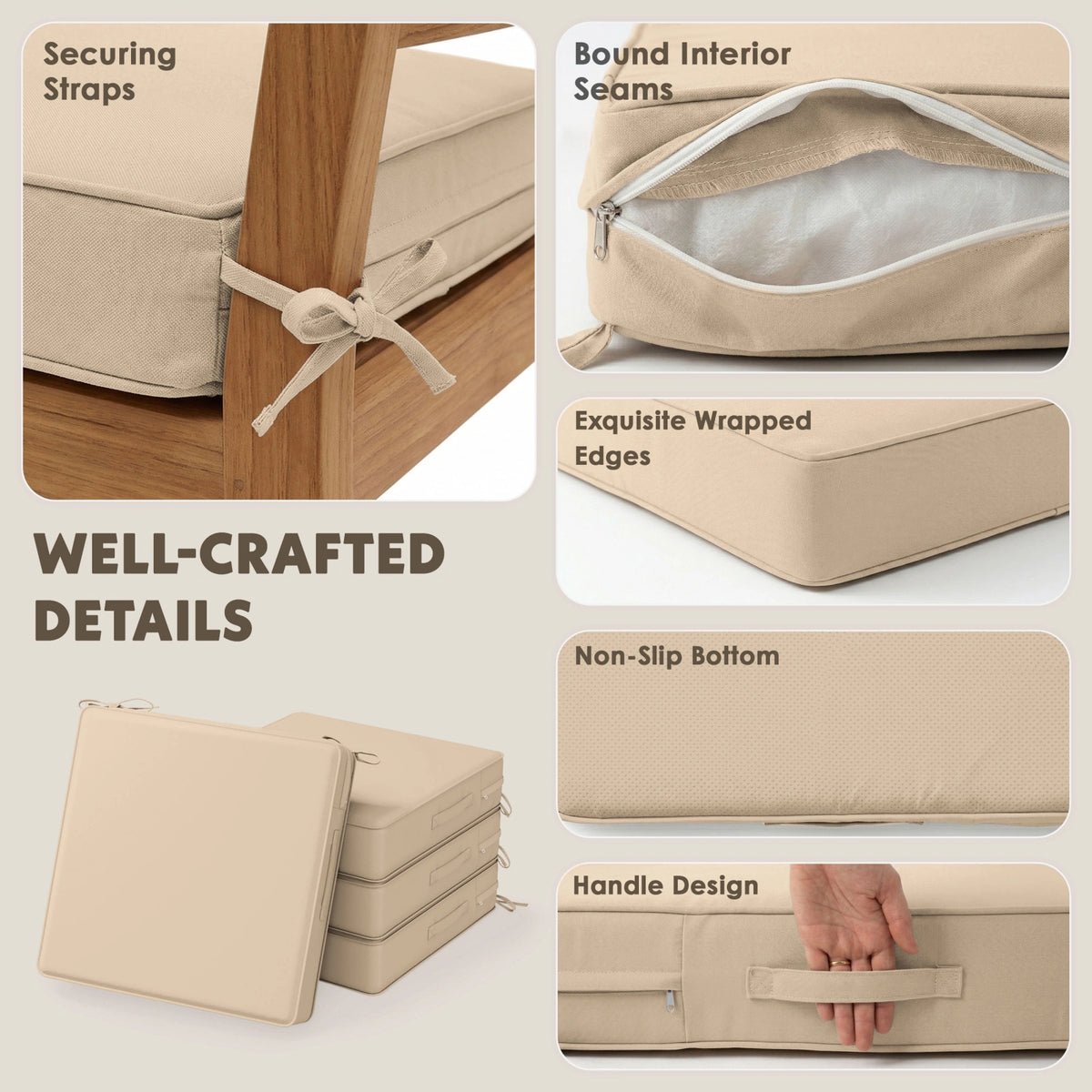 Sand outdoor seat cushion features including securing straps, bound seams, non-slip bottom, and handle design.