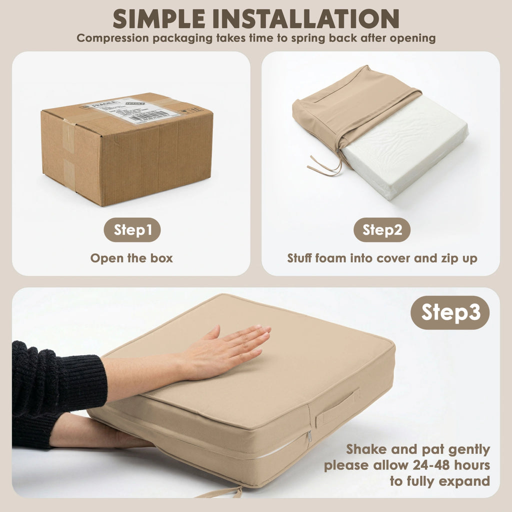 Sand outdoor seat cushion installation guide showing compressed packaging, foam insertion, and expansion process after unpacking.
