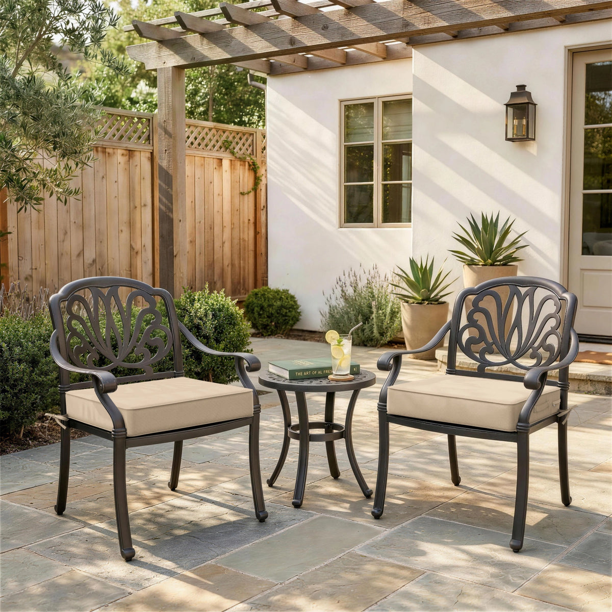 Sand outdoor seat cushions for patio chairs and outdoor furniture.