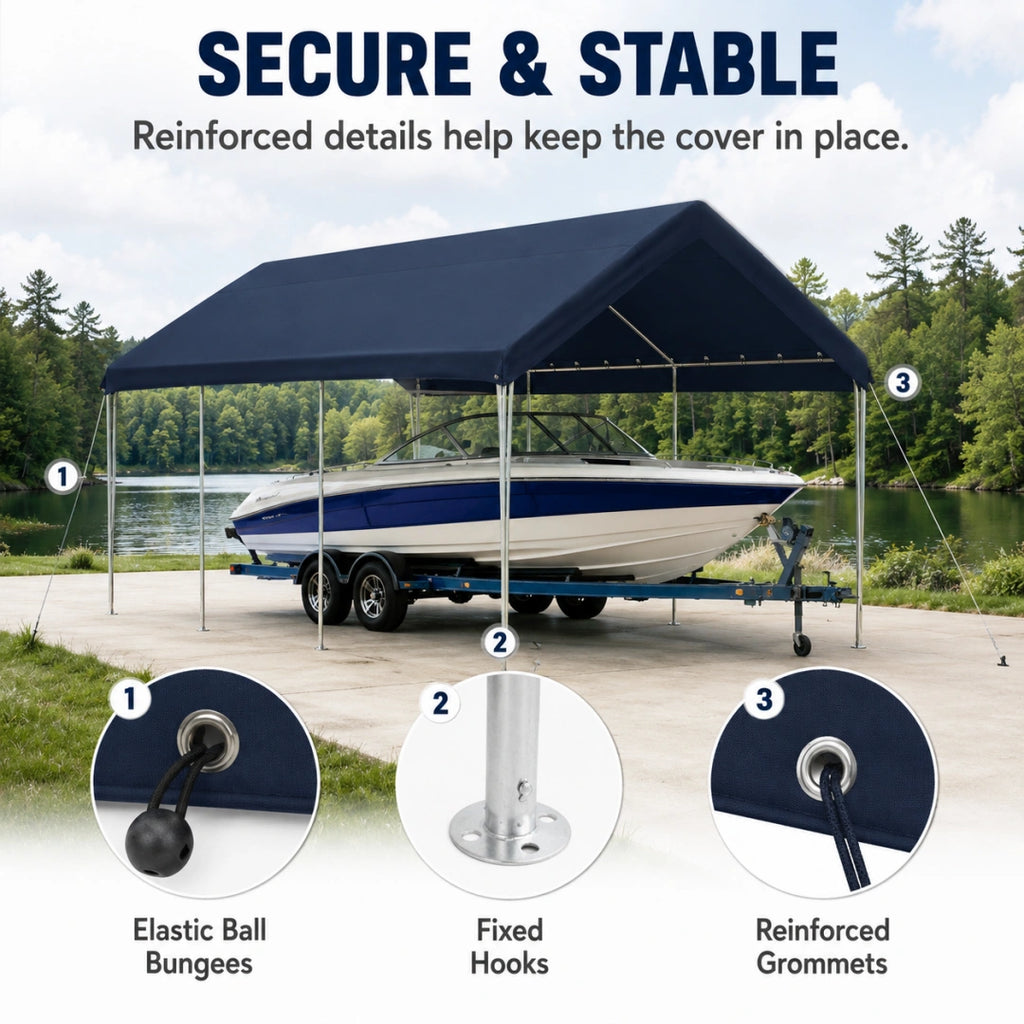 Secure and stable heavy duty carport cover with elastic ball bungees, fixed hooks, and reinforced grommets.