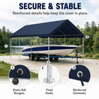 Secure and stable heavy duty carport cover with elastic ball bungees, fixed hooks, and reinforced grommets.