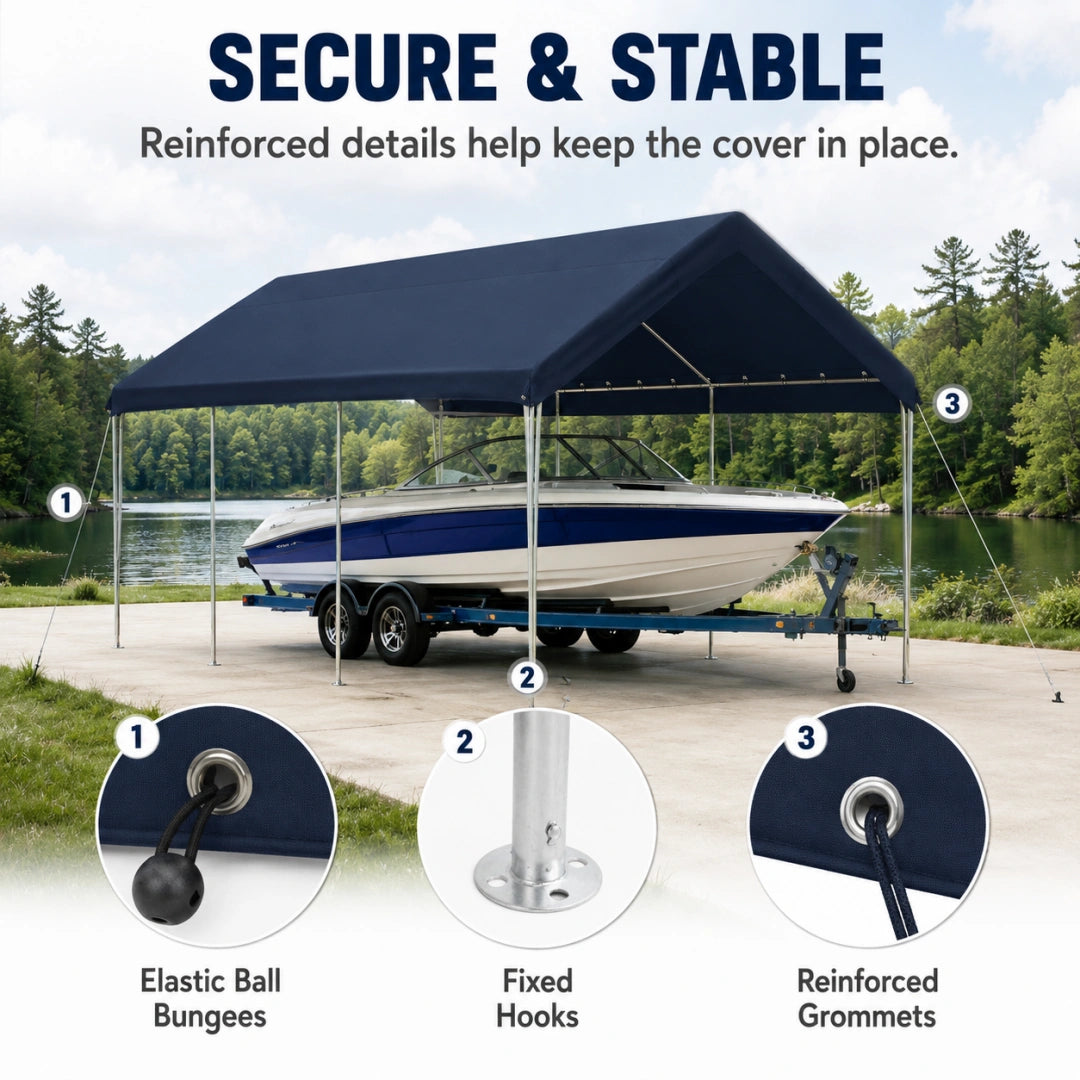 Secure and stable heavy duty carport cover with elastic ball bungees, fixed hooks, and reinforced grommets.