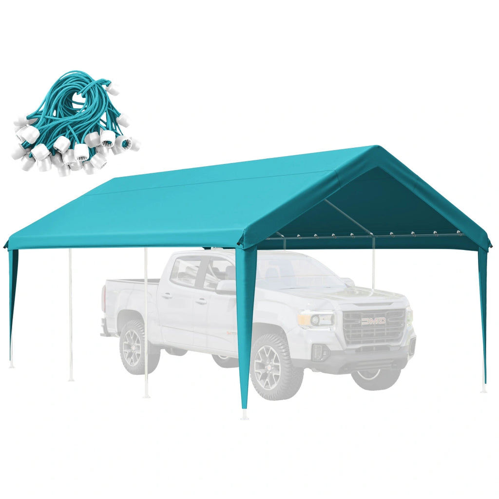 sky blue carport cover tarp with waterproof UV-resistant fabric and elastic ball bungees for outdoor vehicle protection.
