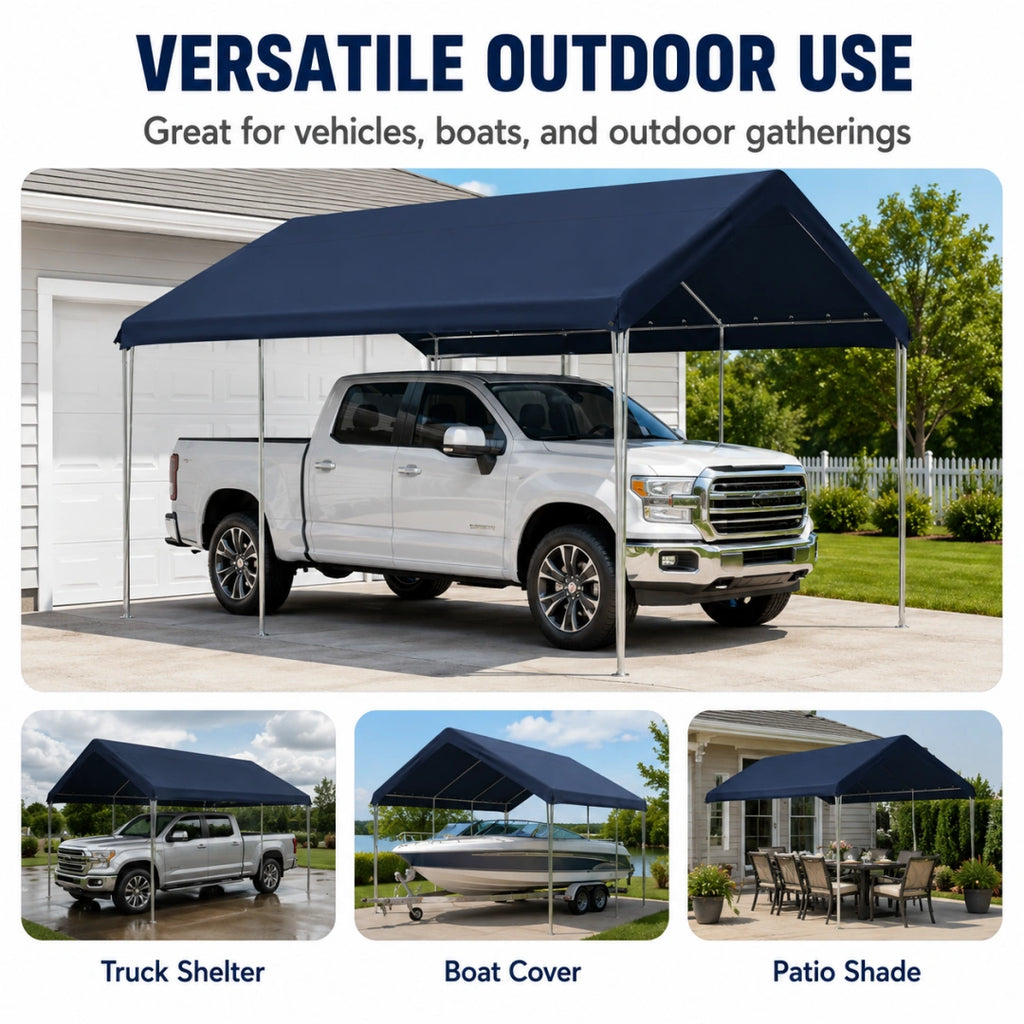 Versatile outdoor carport cover for truck shelter, boat cover, patio shade, and outdoor vehicle protection.