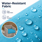 Aqua blue outdoor seat cushion on gray wicker chair, highlighting water-resistant fabric and UV protection with macro water droplets detail.