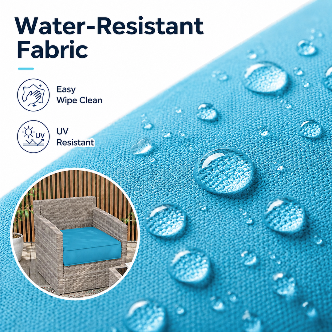 Aqua blue outdoor seat cushion on gray wicker chair, highlighting water-resistant fabric and UV protection with macro water droplets detail.