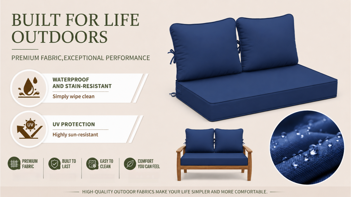 Waterproof blue outdoor sofa cushion with UV protection and stain-resistant premium fabric, designed for durable patio furniture and outdoor seating
