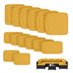 Set of yellow outdoor cushions arranged around a sectional sofa on a white background