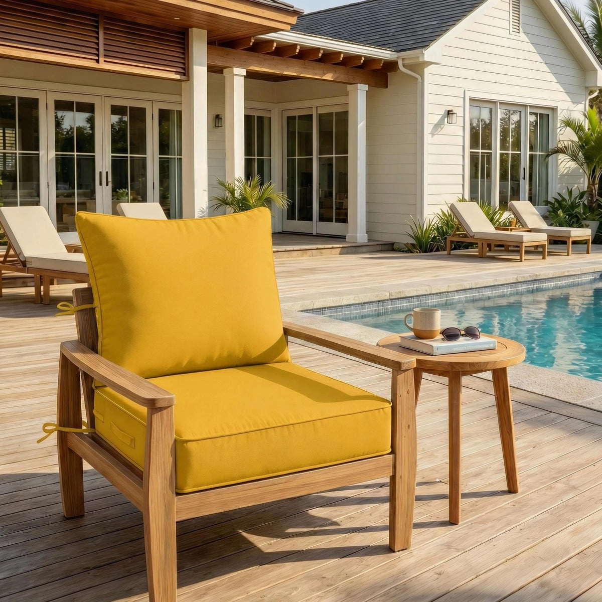 Yellow Terra Red outdoor deep seat cushion on patio chair with poolside outdoor furniture setting.